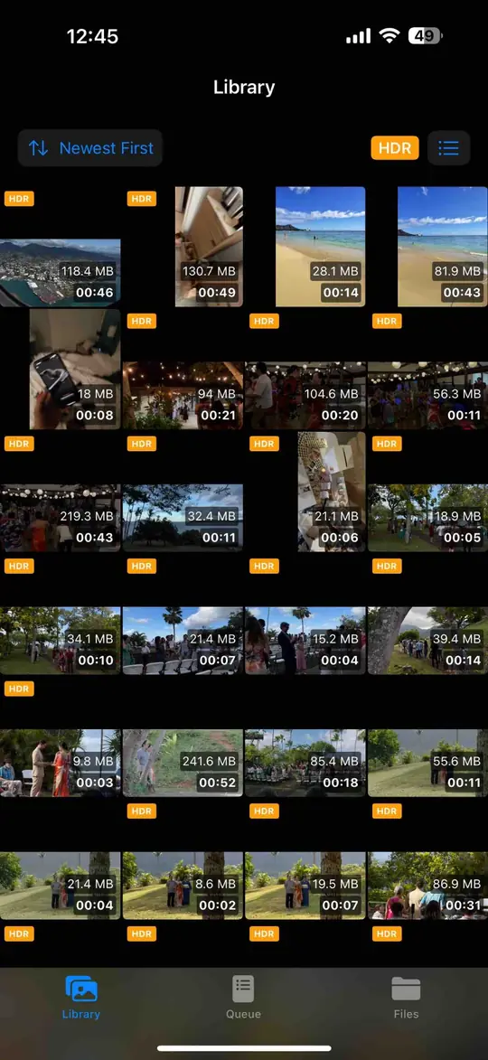 LumaPress library: a grid of videos with their sizes, lengths and HDR badges.