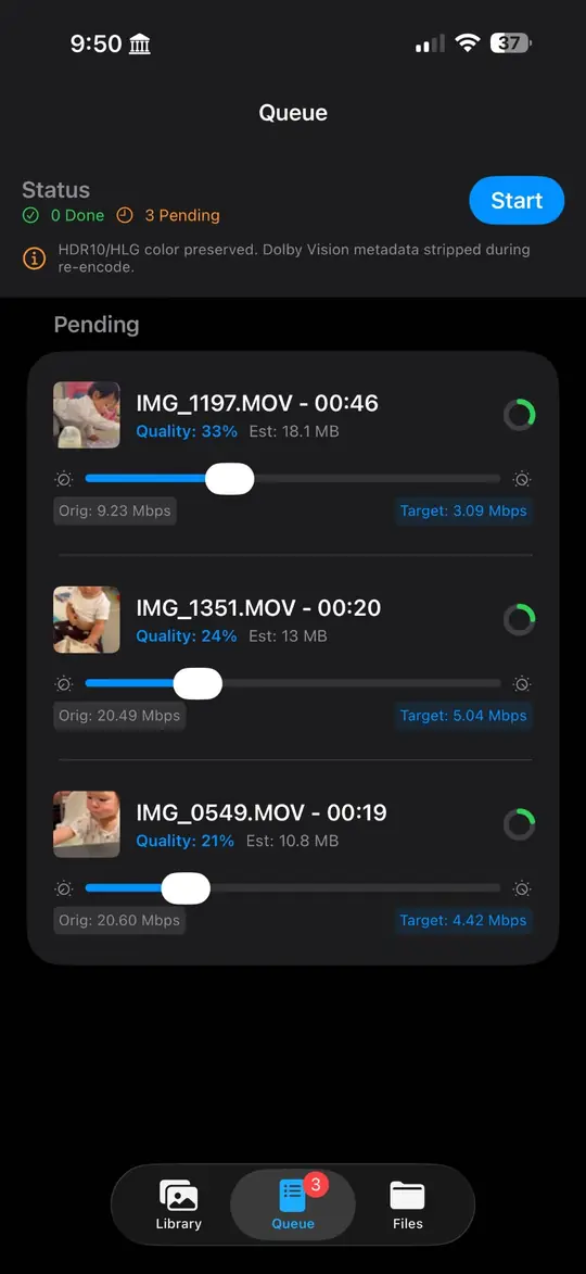 LumaPress queue with three videos, each with a quality slider and an estimated file size.