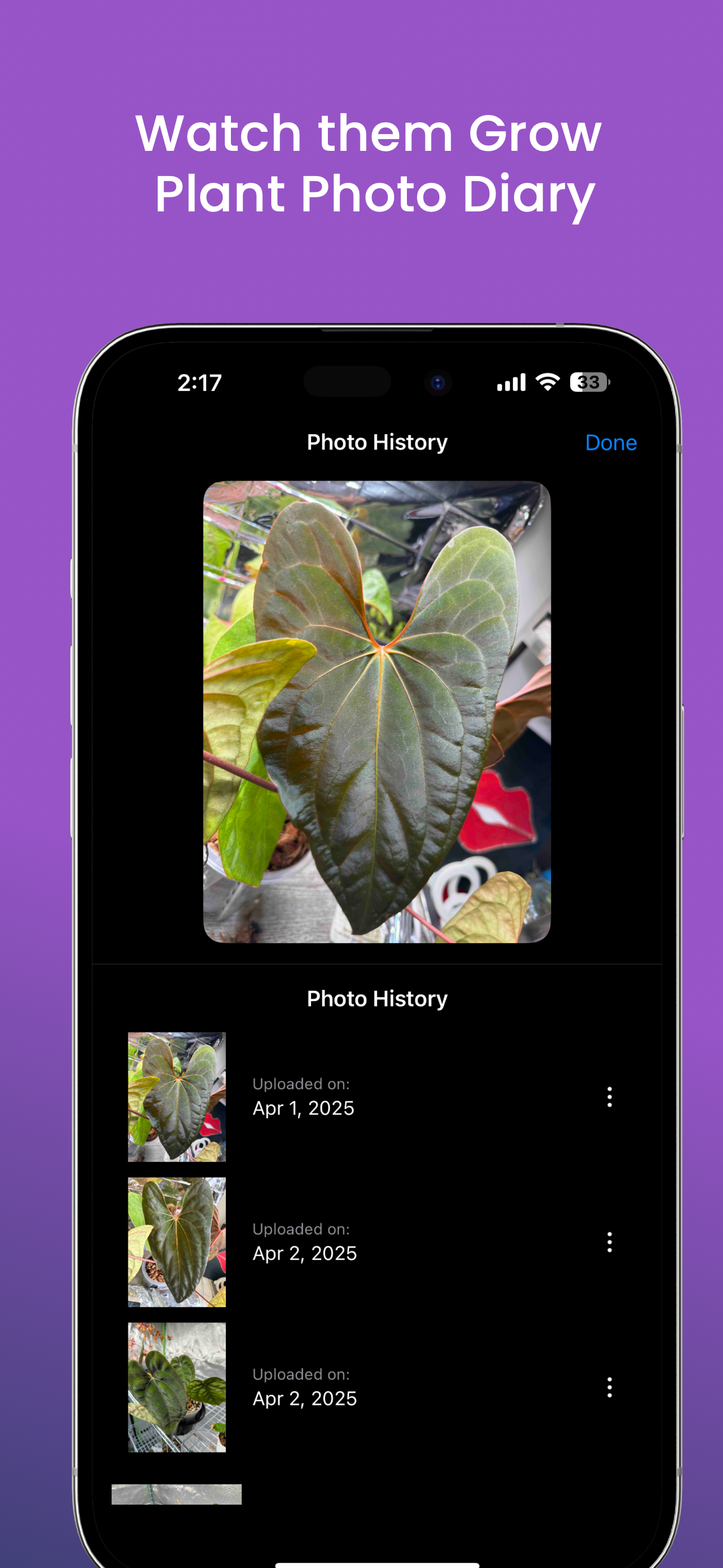 Plant photo diary history